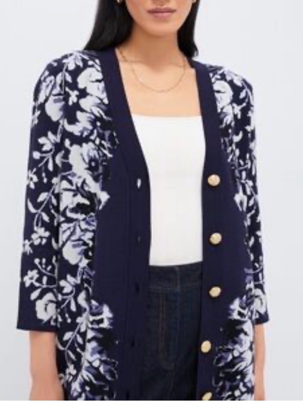Tuckernuck Navy and White Floral Button-Front Long Cardigan